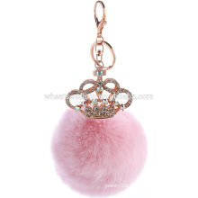 Fashion lady bag charm crystal crown keychain with fur ball